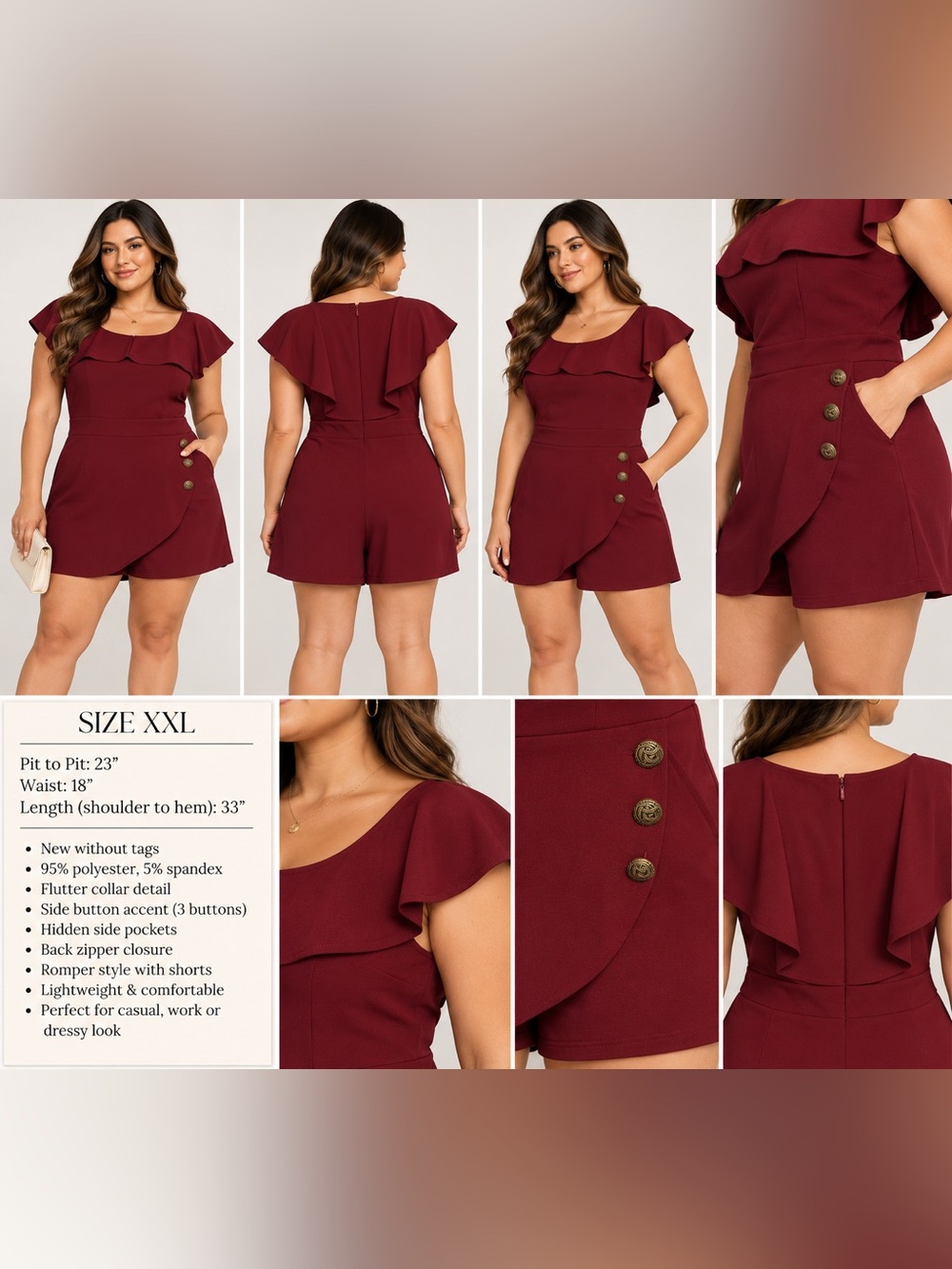 Burgundy Ruffle Cape Skort Romper Plus Size XXL NWOT Gold Button Detail